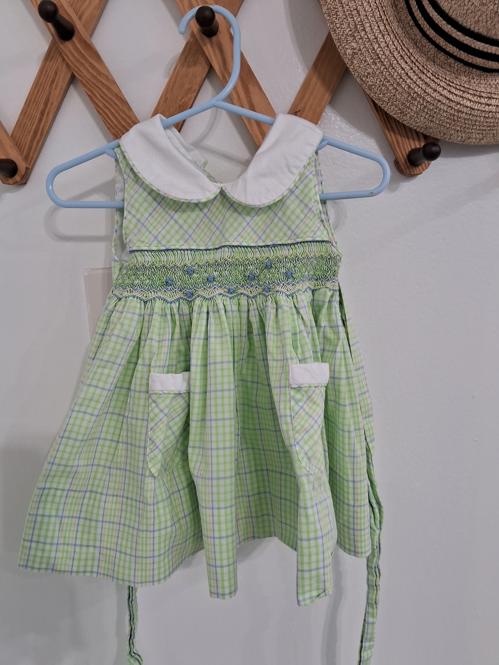 Girls' Green Plaid Smocked Dress with Peter Pan Collar